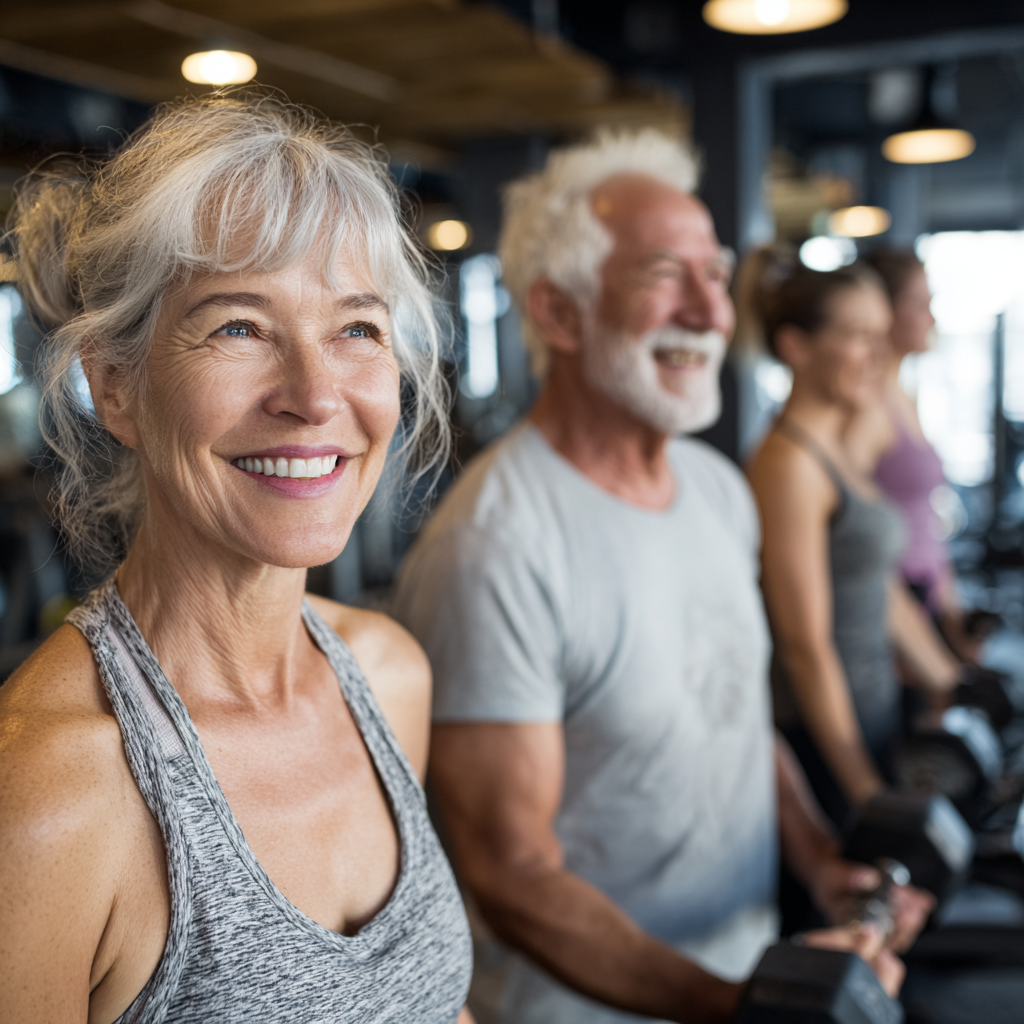 mature adults exercising together in modern fitness facility